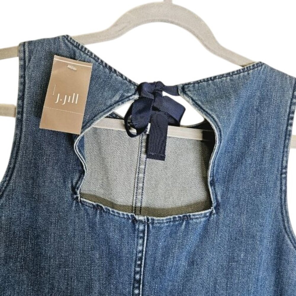 J. Jill Denim Sleeveless Dress With Bow Back S  Cotton Frayed Hem Pockets‎ Y2K - Picture 3 of 12